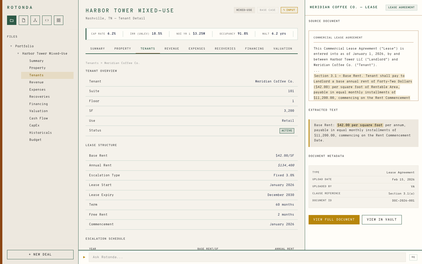 Tenant detail view with lease structure and document provenance